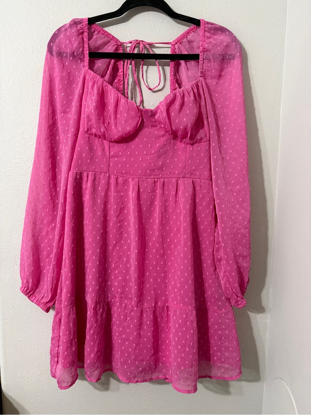 Divided H&M Hot Pink Swiss Dot Flowy Mini Dress Sheer Long Sleeves Tiered M